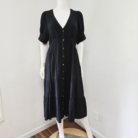 Madewell Dress Size 8 Black Lightspun Gauze Tiered Button Front Midi Pockets - Picture 1 of 16